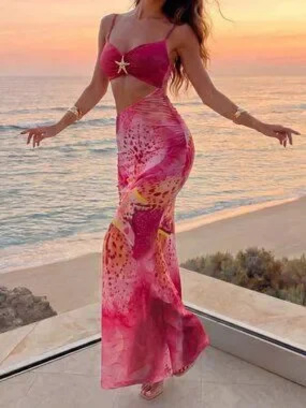 Pink Boho Women's Floral Dress with Starfish Print, Fishtail Hem, Cutout Waist